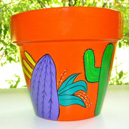 Terracotta pot cactus hand painted