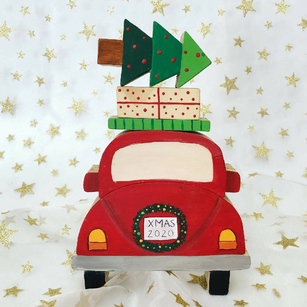 Wooden Christmas car stacker with presents and Christmas Tree