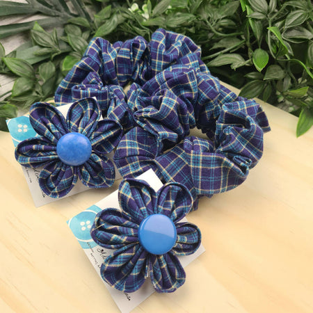Blue Gingham Check - Scrunchie & Flower Clip - Fabric Hair Accessories