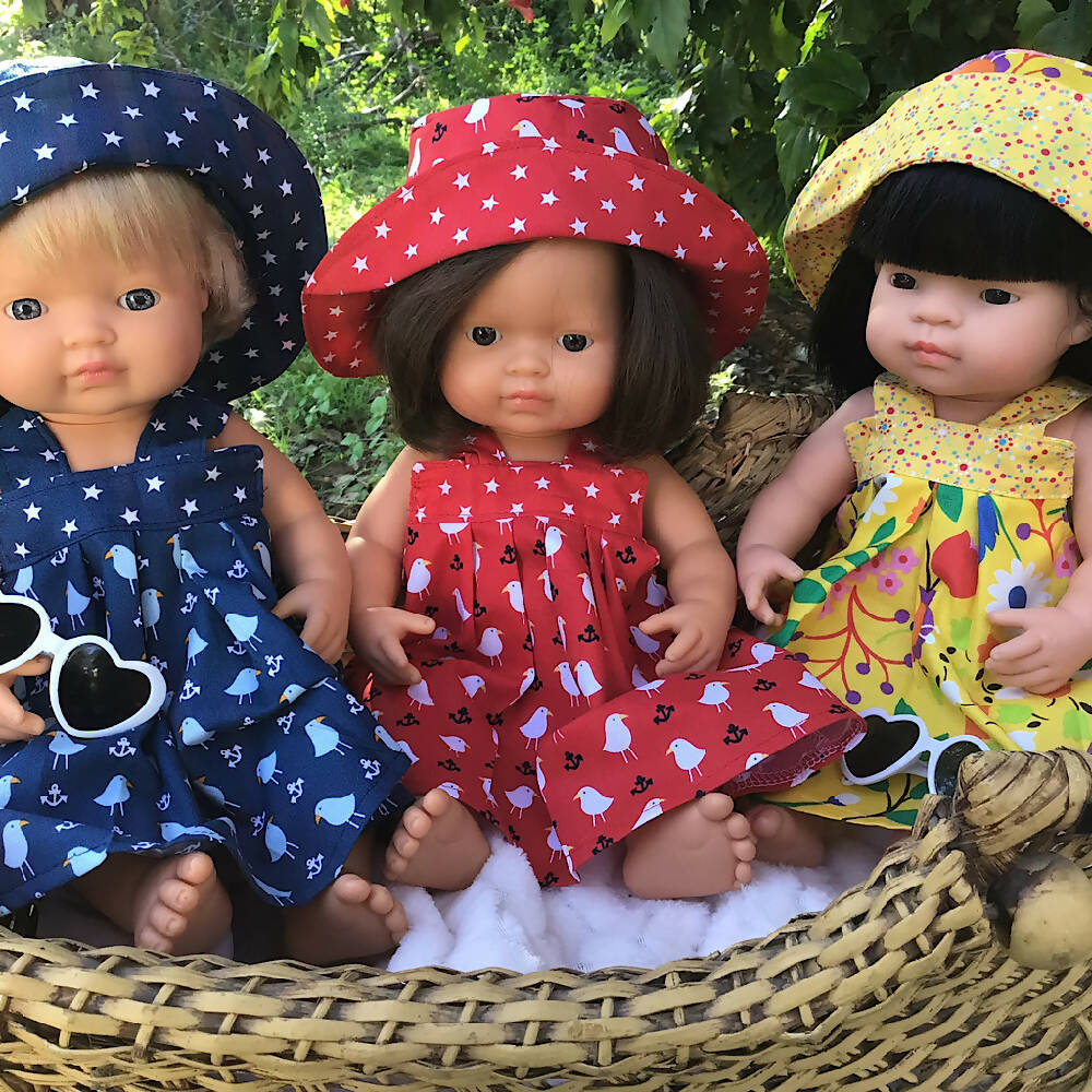 34-43cm dolls Sundress and Sunhat - blue seagulls