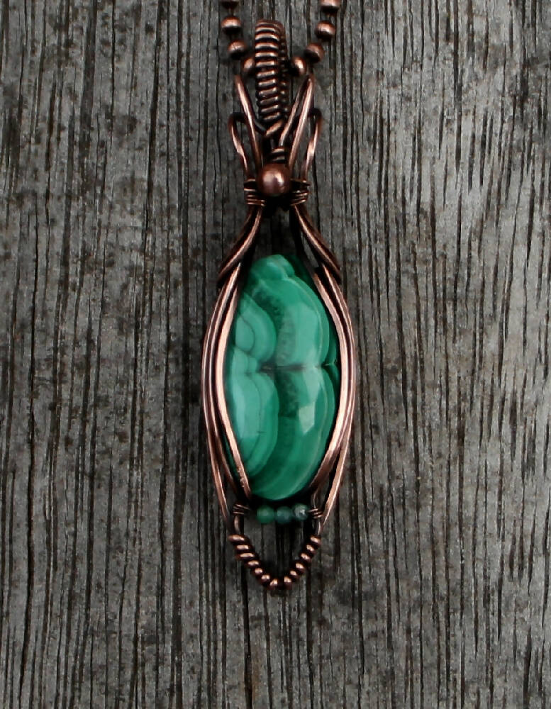 Faceted Malachite with Emeralds in Copper with chain