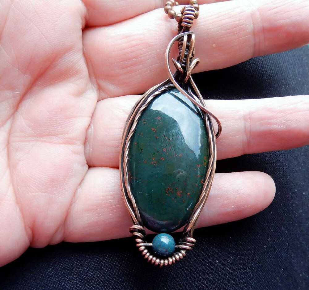 Large Bloodstone pendant copper wire wrapped statement gemstone