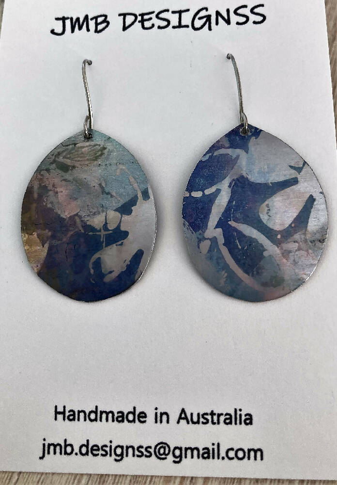 Printed anodised denim blue aluminium earrings