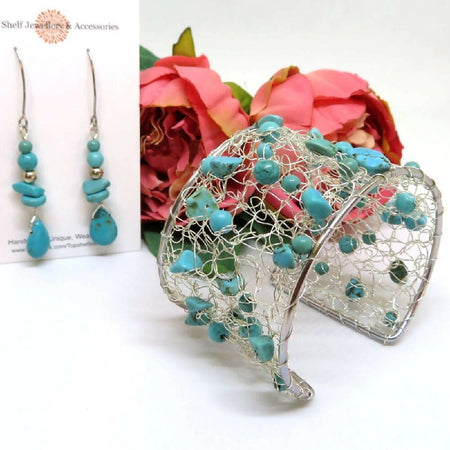 Turquoise Howlite Crochet Wire Beaded Cuff Bracelet and Earrings