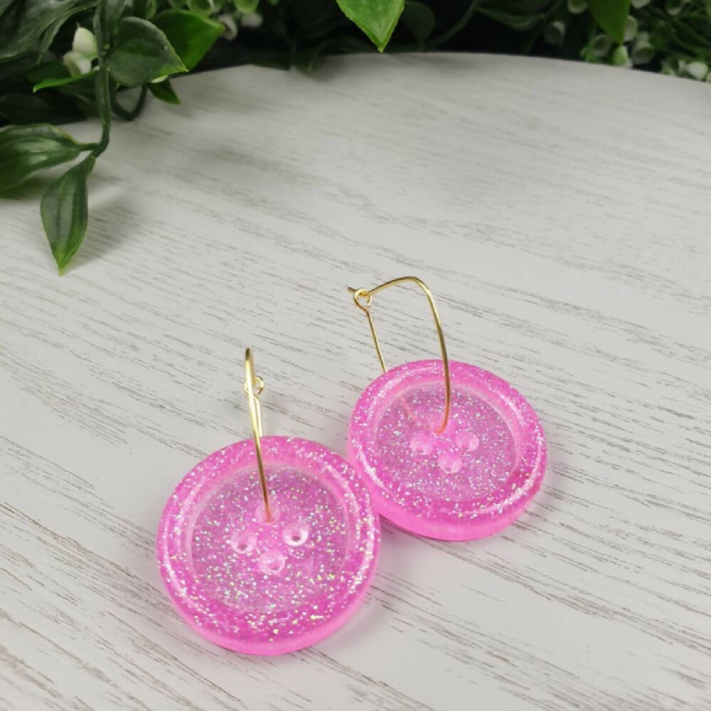 Dangle Earrings - Billie Button Pink Sparkle - Resin - Hoop