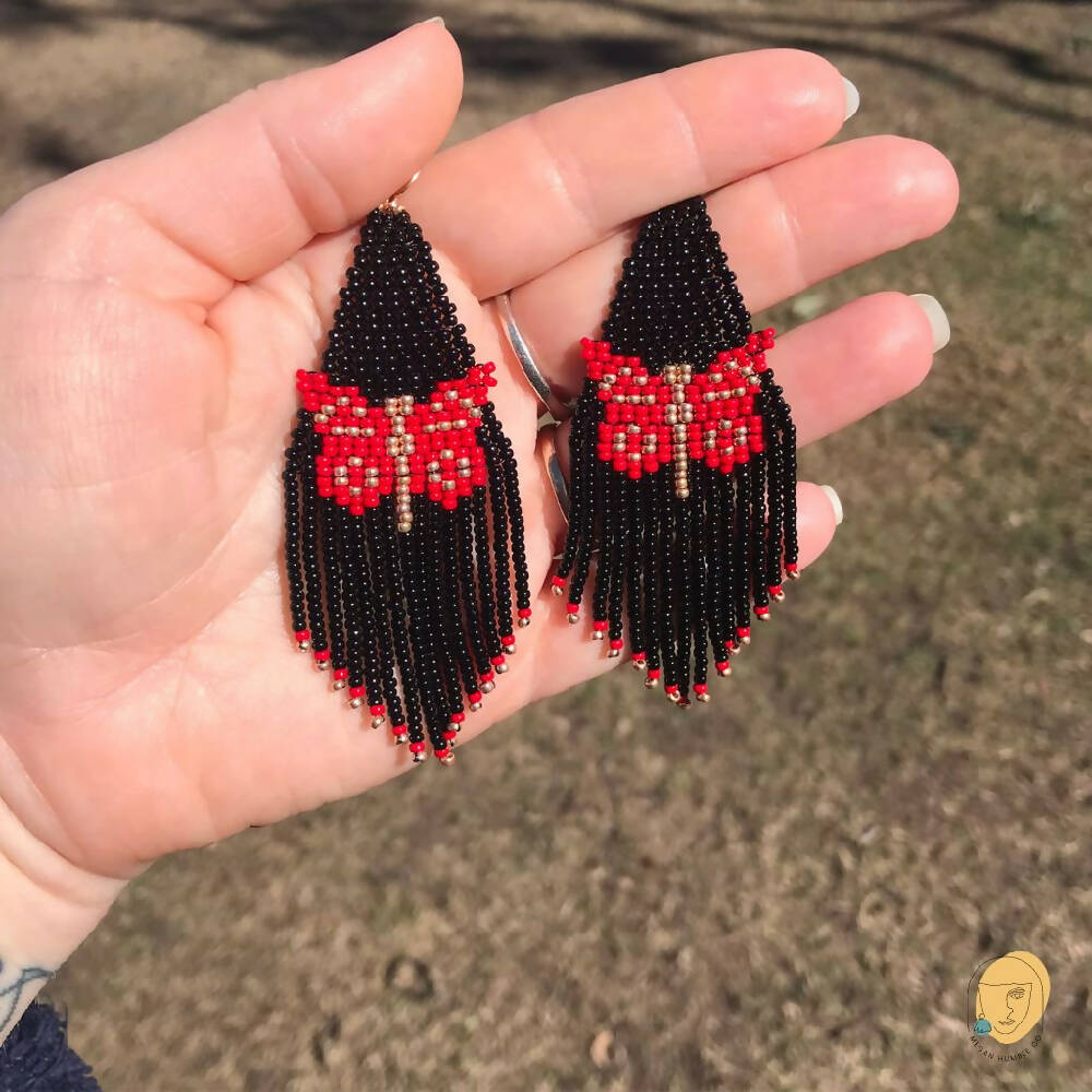 Earrings Beaded Butterfly Fringe Red Black