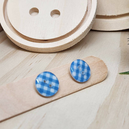 Button STUD Earrings - Blue Check - Round Button - 12mm