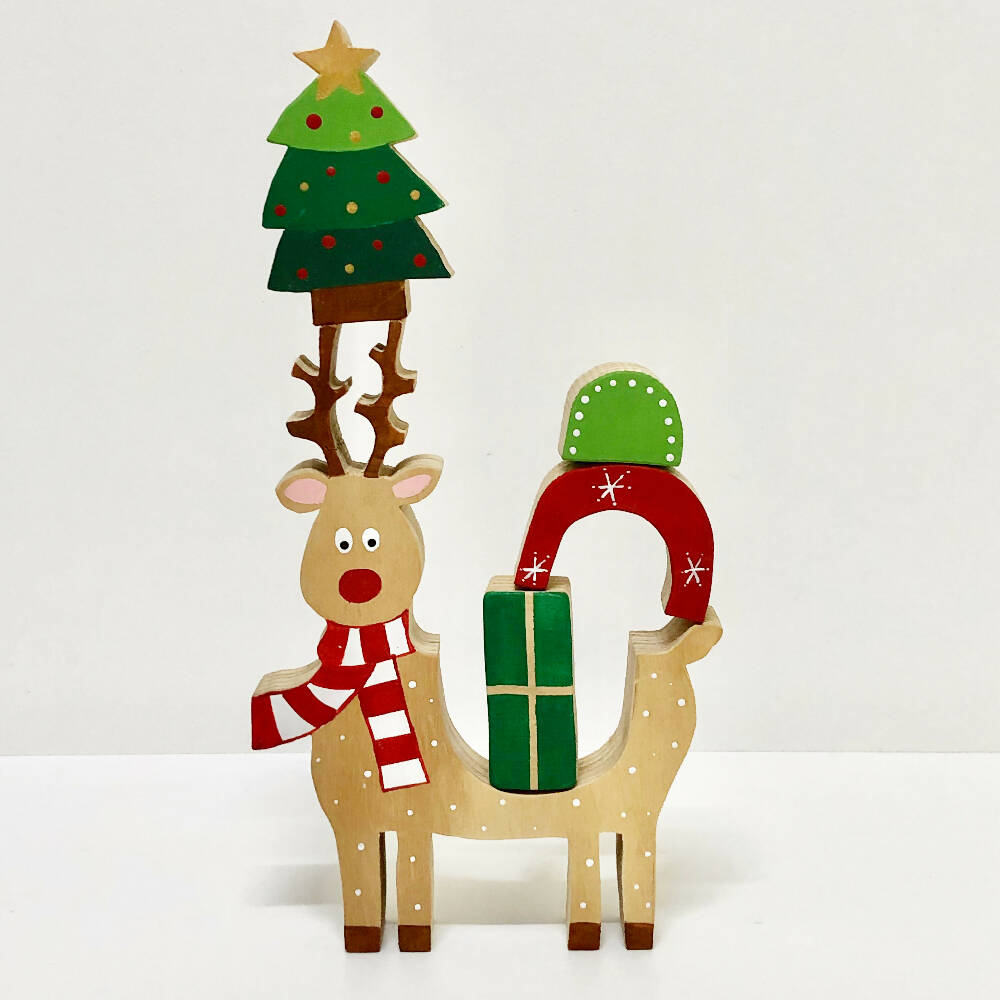 Wooden Ralph Reindeer Christmas Stacker with Rainbow Coat.