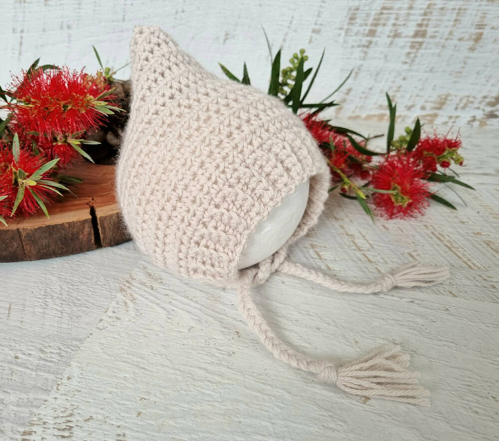 Baby Pixie Bonnet Pale Beige Vintage Crochet Newborn Beanie Hat Photo Prop