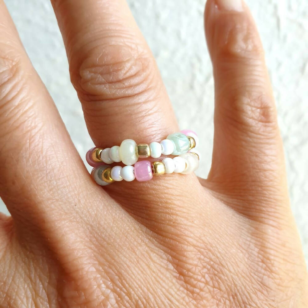 Statement floral seed bead 2 line memory wire ring , Ceylon & White