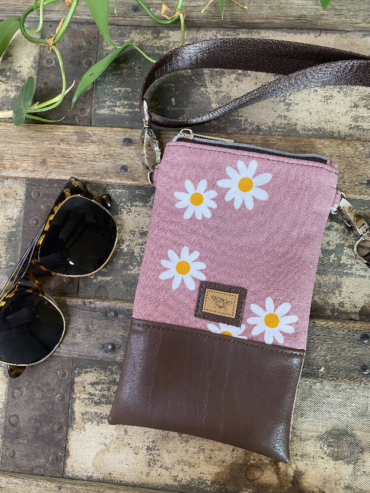 Mini Crossbody Bag - Daisies on Pink/ Dk Brown Faux Leather