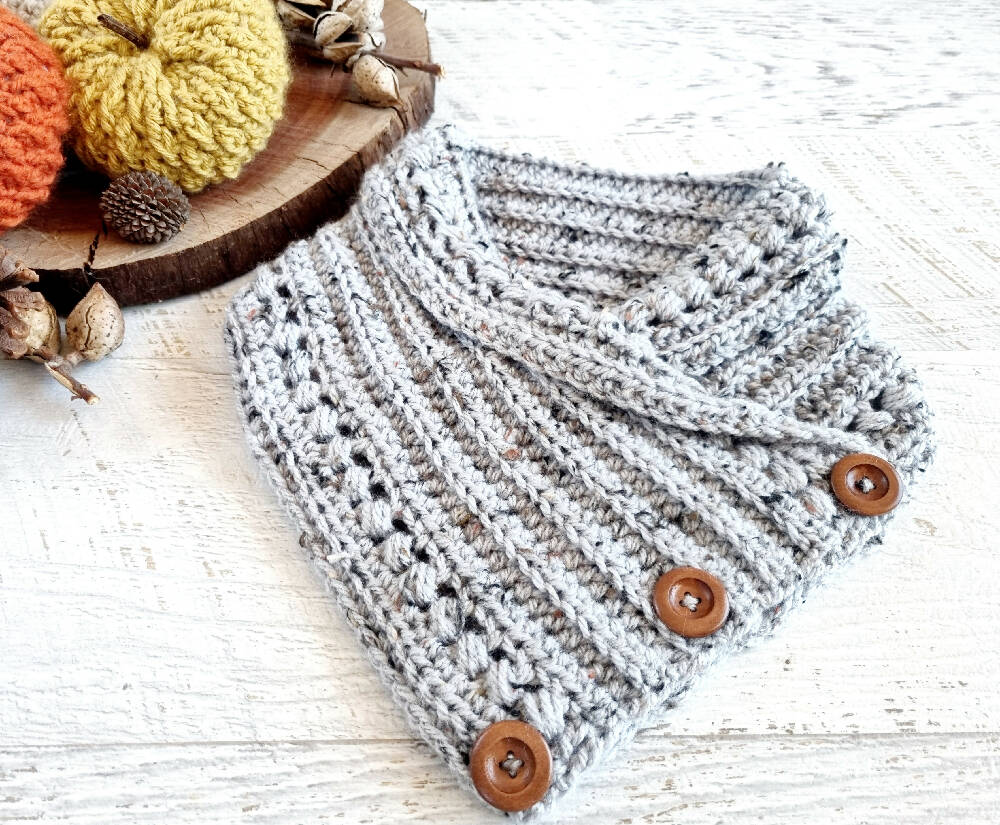 Neckwarmer Cowl Scarf Pale Grey Tweed Adult Vintage Crochet Buttoned