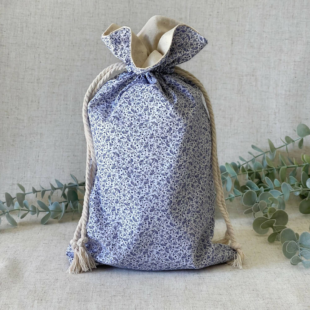 Reusable Fabric Gift Bag-White & Blue Floral