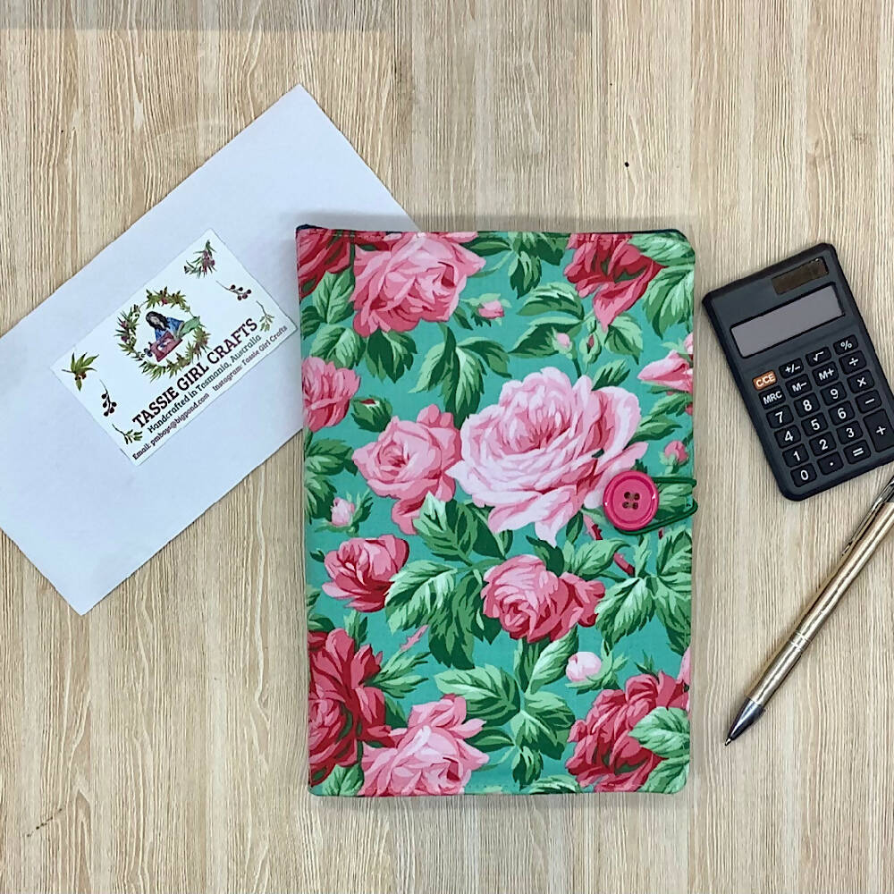 Pink Roses floral refillable A5 fabric notebook cover gift set - Incl. book and pen.