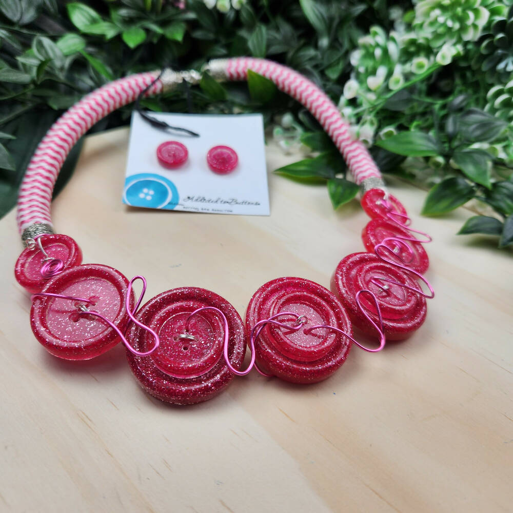 Button Necklace - Cord - Pink Sparkle - A2B -  (1)