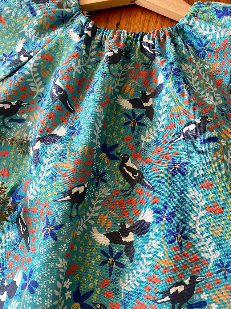 dress - turquoise magpies / cotton peasant-style dress green / Australian birds