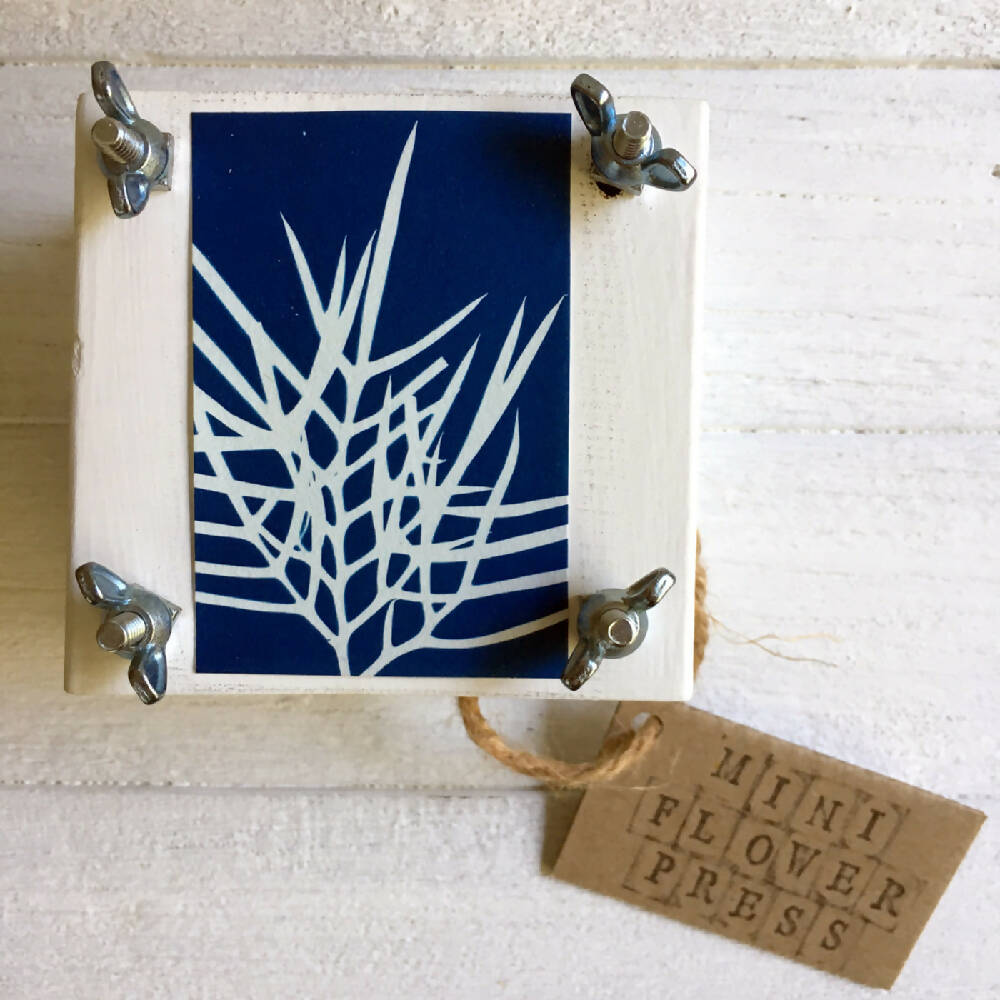Mini Flower Press, decorated with Grevillea Leaf Cyanotype Art