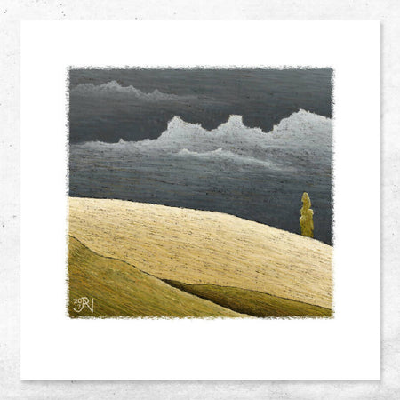 Art Print of a bold sunlit landscape with an approaching storm