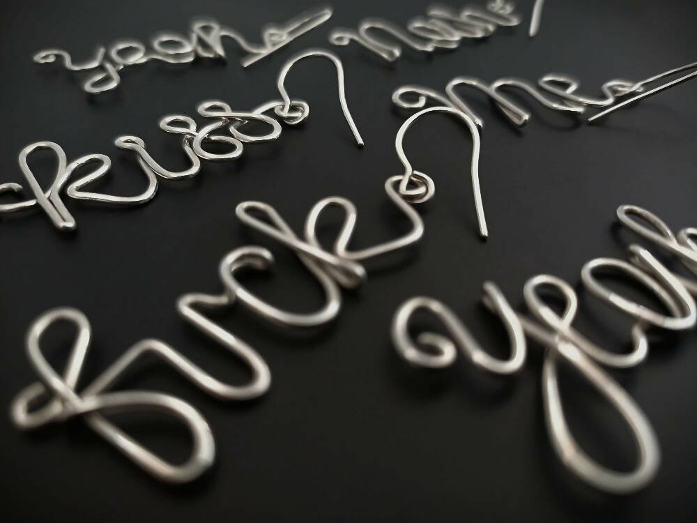 F Yeah Curse-ive Swear Word Earrings - sterling silver or copper