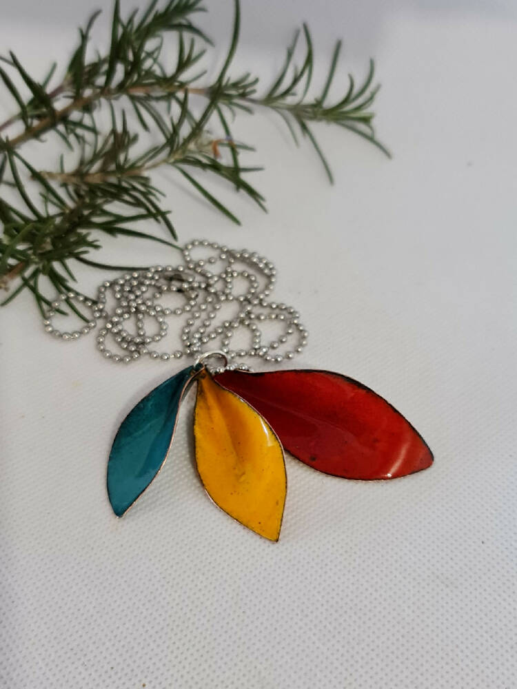 Enamel Pendant Necklace - Leaves Multi Colour