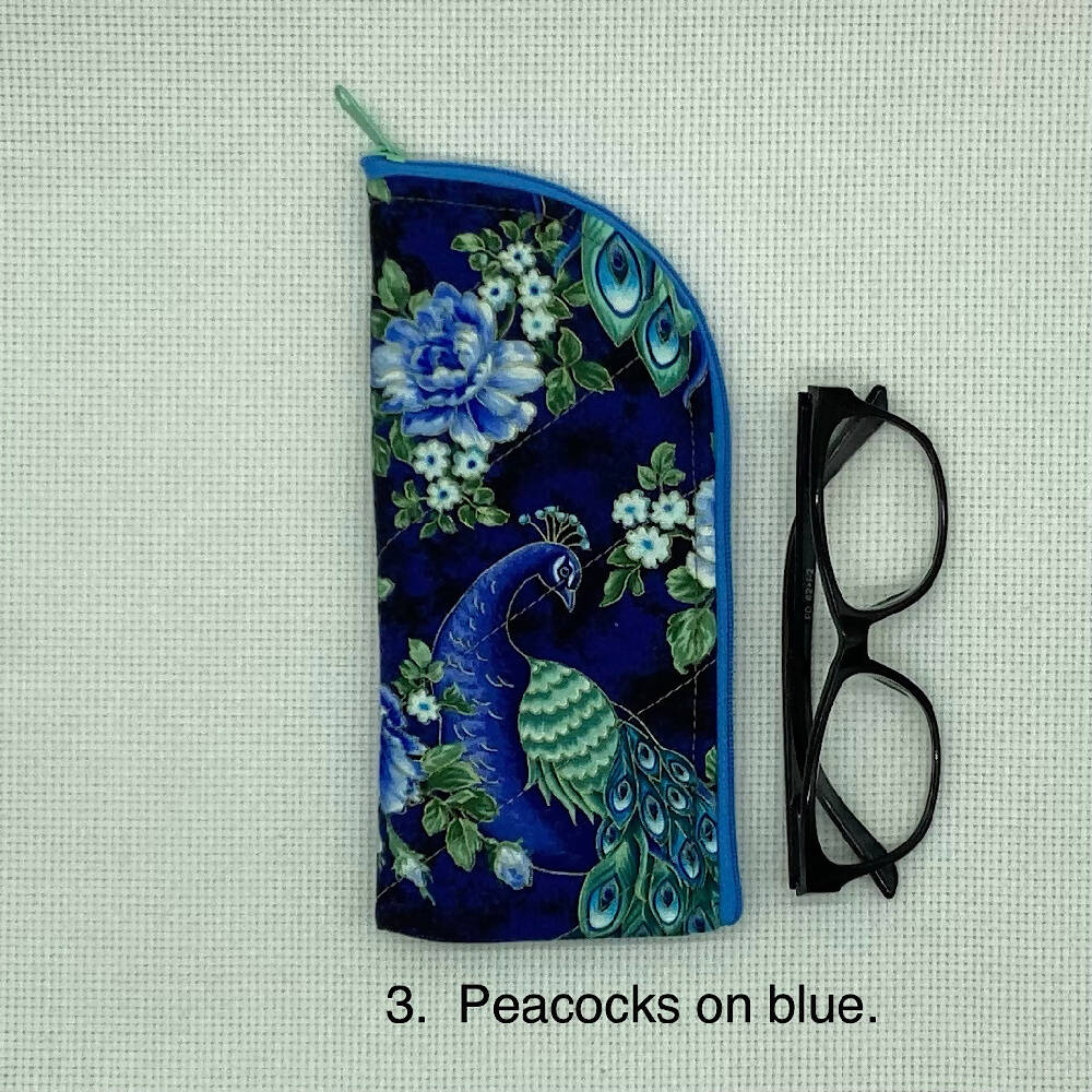 Peacock feathers curved top zip pouch for glasses, phones, handbag organiser, etc.