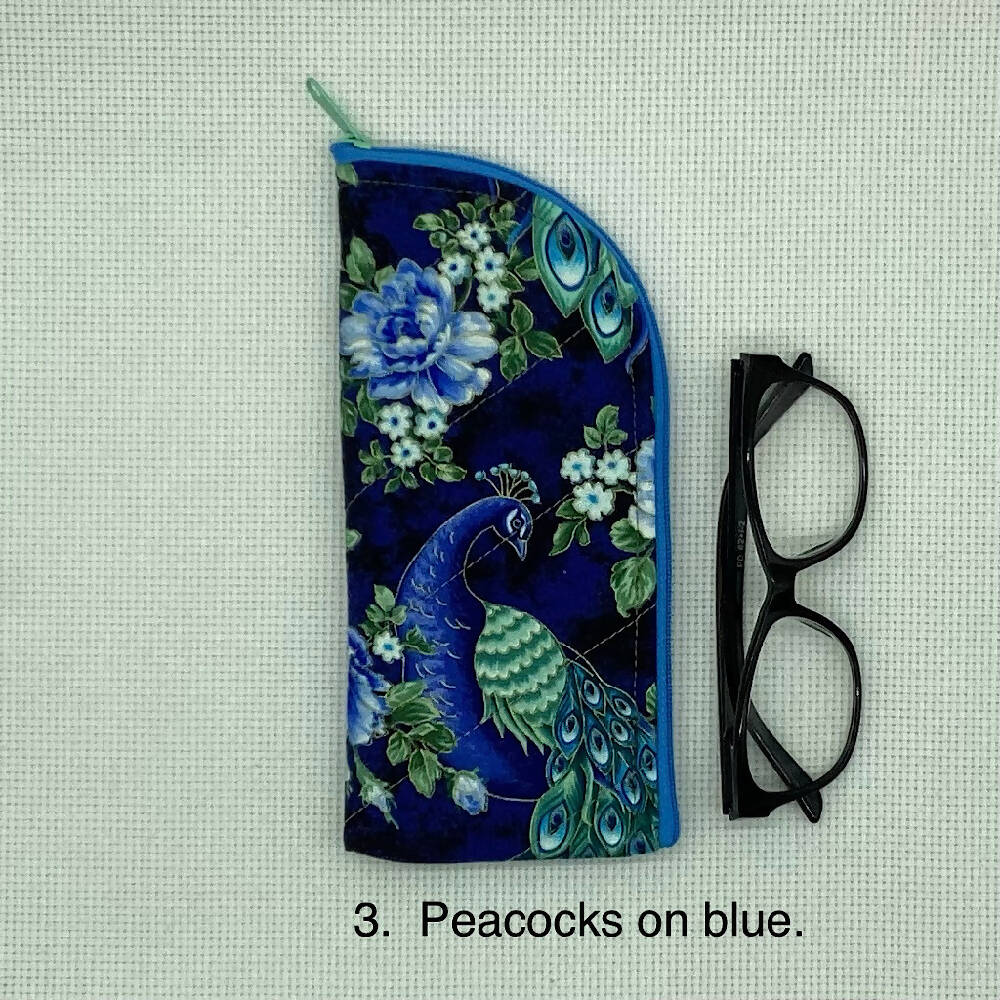Peacock feathers Glasses Case. Fabric, padded, lightly quilted.