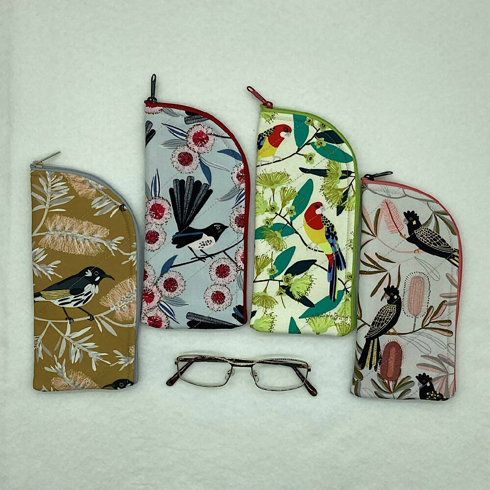 Australian Birds Glasses Case. Fabric, padded, lightly quilted.