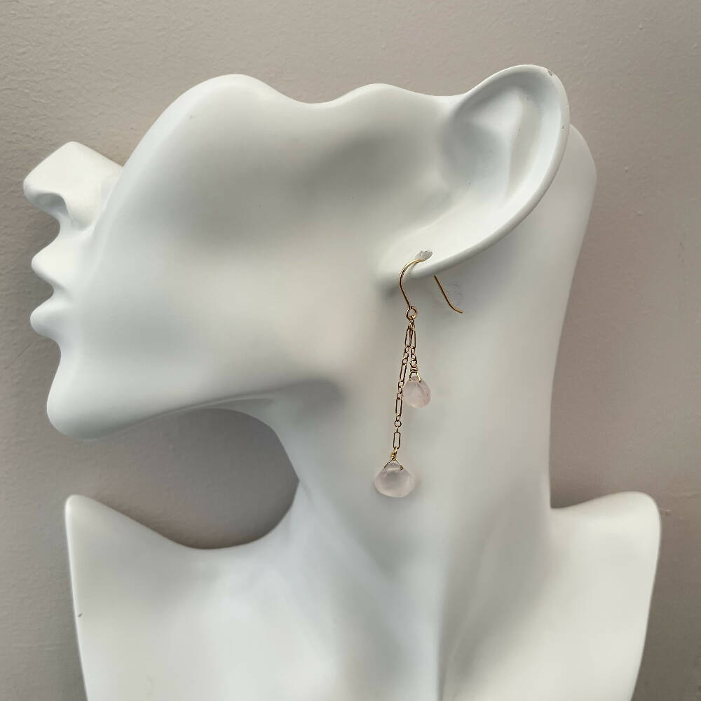 14K Gold filled rose quartz chain earrings