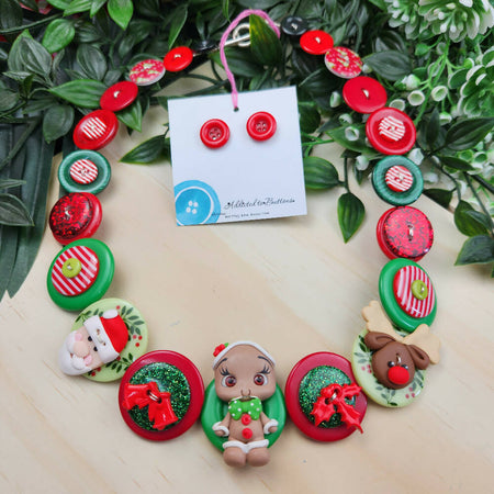 Christmas Gingerbread Reindeer Santa Button Necklace - Polymer Clay - & Earrings