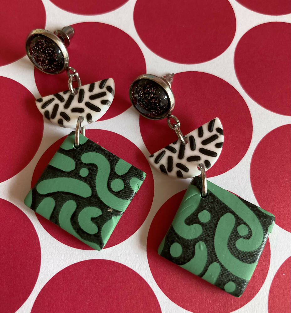 Green / black / white triple layer earrings