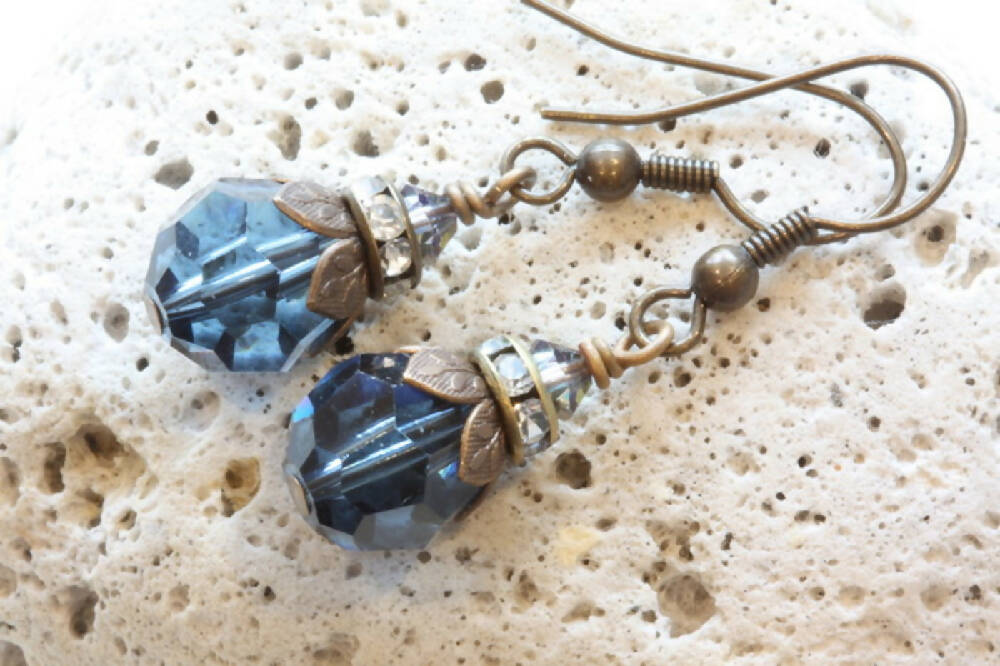 Swarovski Crystal and Brass Earrings Denim Blue