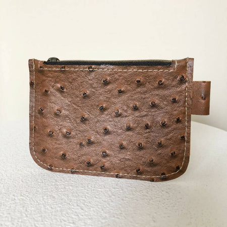Brown Faux Ostrich Leather Zipper Coin Pouch