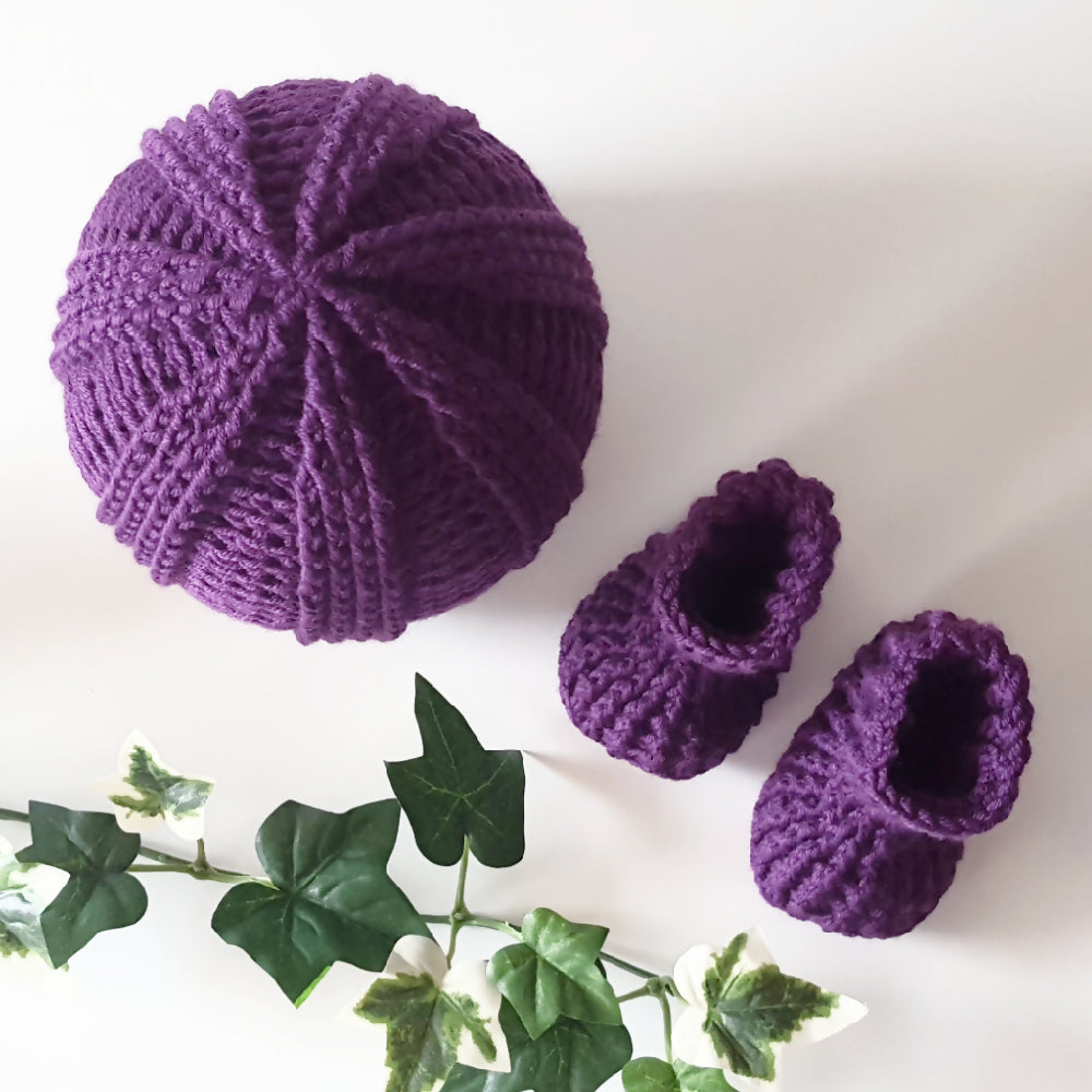 Beanie & Booties Set crochet baby newborn 0-6 months purple