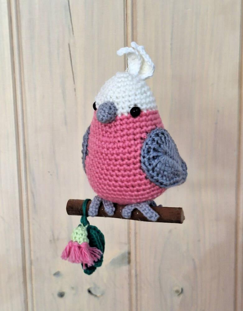 Hand crocheted pink galah room decoration or toy