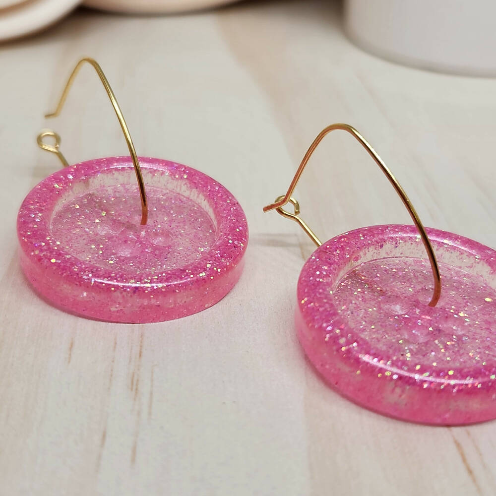 Dangle Earrings - Billie Button Pink Sparkle - Resin - Hoop