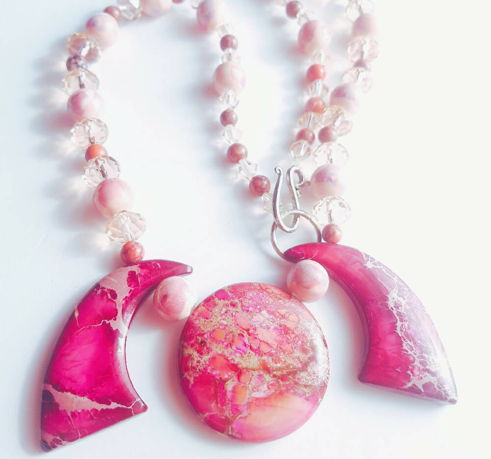 Beaded necklace. Art deco. Rose Jasper, ceramic beads & crystals .