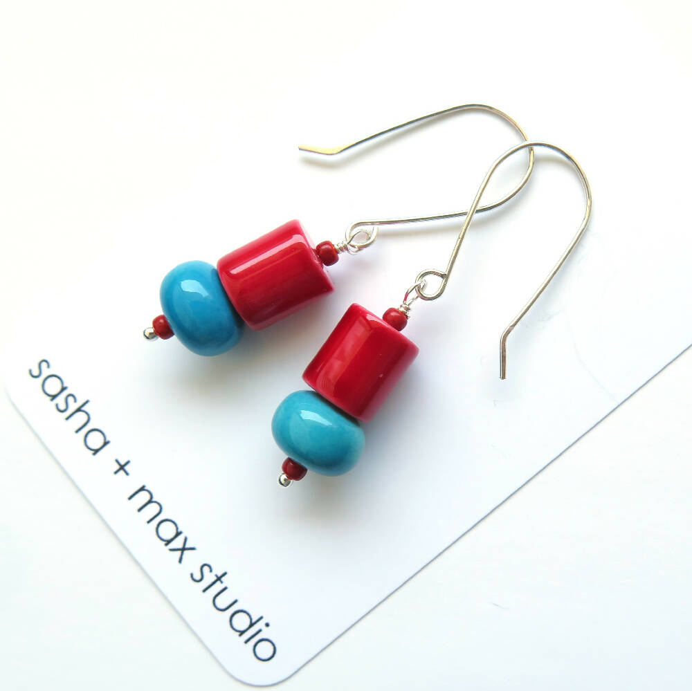 Vintage Red and blue glass beaded drop earrings