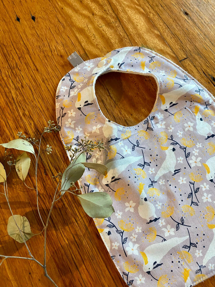 bib - grey cockatoo / eco friendly / organic cotton hemp / baby toddler