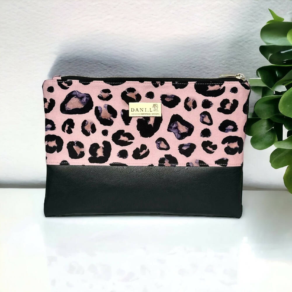 Kangaroo Leather Pink Leopard Panel Clutch and Key Fob Set