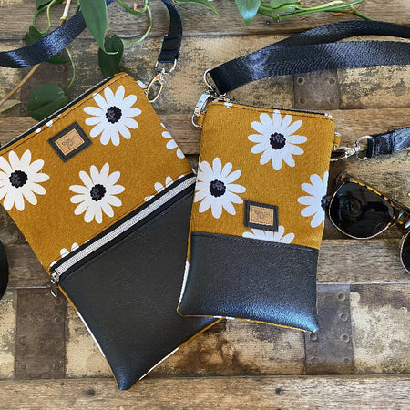 Mini Crossbody Bag - Daisies on Mustard/Charcoal Faux Leather