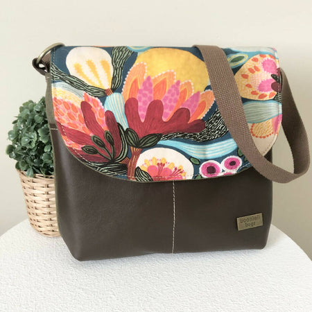 Green Canvas and Genuine Leather Crossbody Bag with Australian Bush Flora