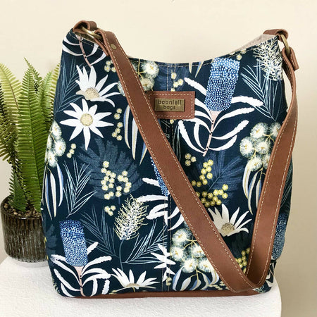 Canvas and Tan Leather Shoulder Bag in Blue Bush Flora