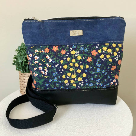 Blue Canvas and Genuine Leather Crossbody Bag with Wildflowers