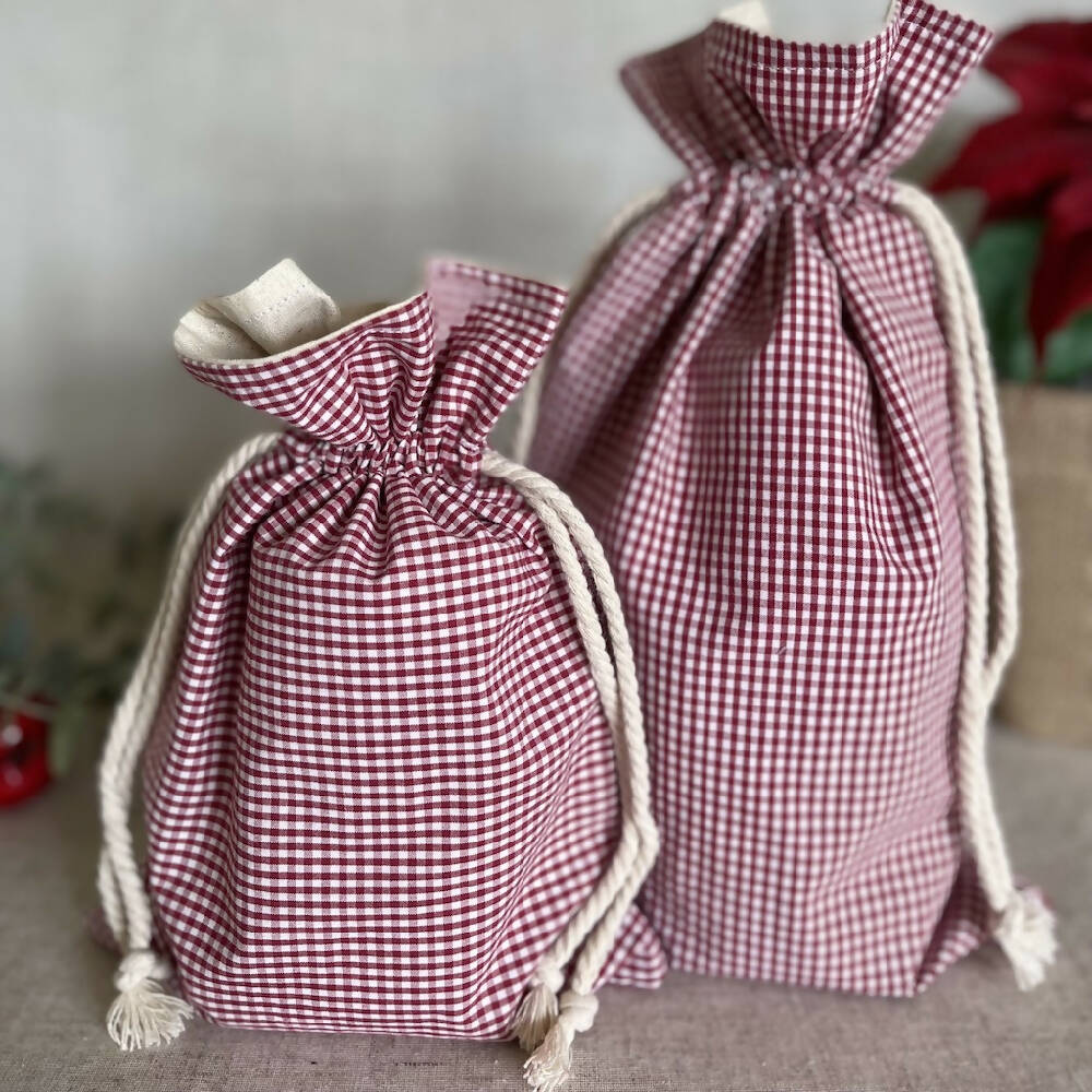 Christmas Reusable Fabric Gift Bag - Red Check