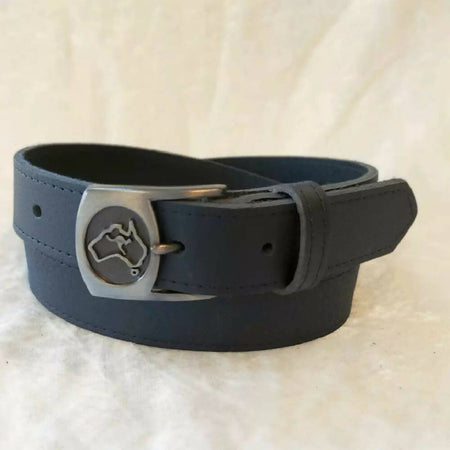 Black Full Grain Cowhide Leather Belt with Australia Motif, Australian Made, 30mm Wide