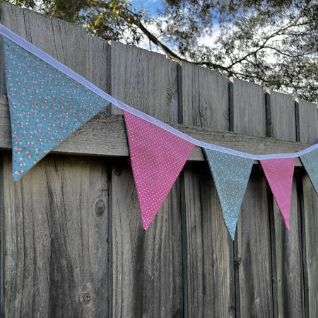 Flag Bunting - Pretty Green Floral and Pink with Dots (6 flags)