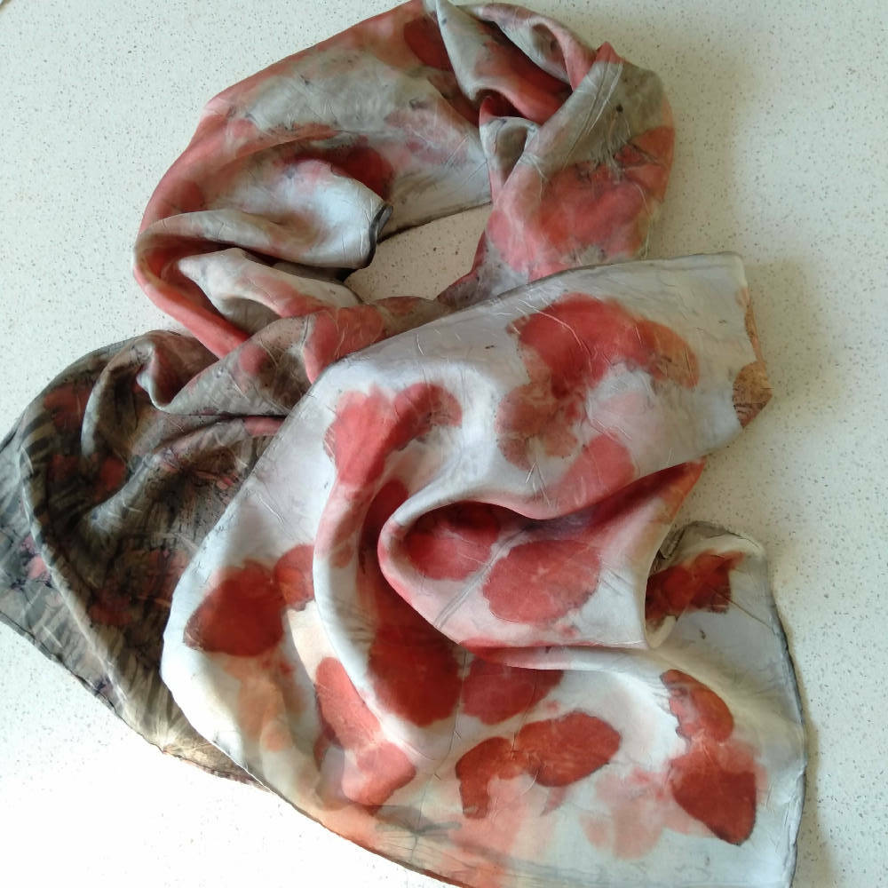 Silk eco printed scarf with eucalyptus leaves