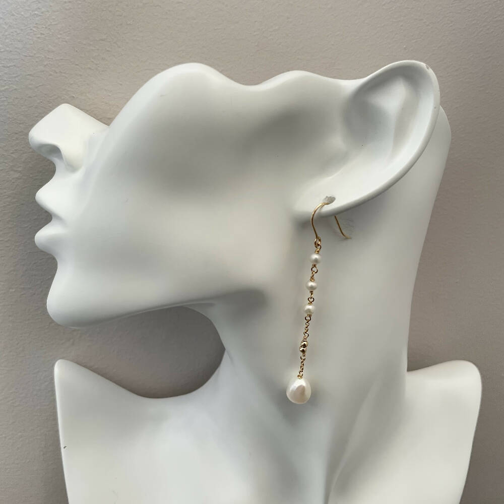 14K Gold filled long freshwater pearl earrings