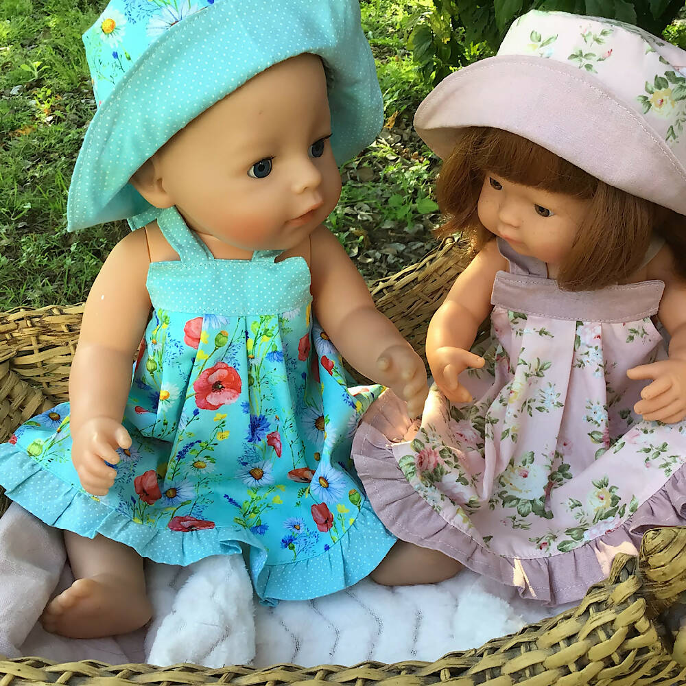 34-43cm dolls Sundress and Sunhat - aqua floral