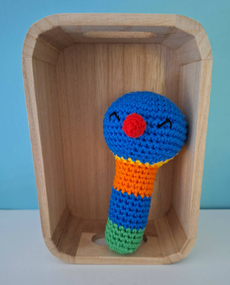colourful rainbow lorikeet crocheted baby rattle